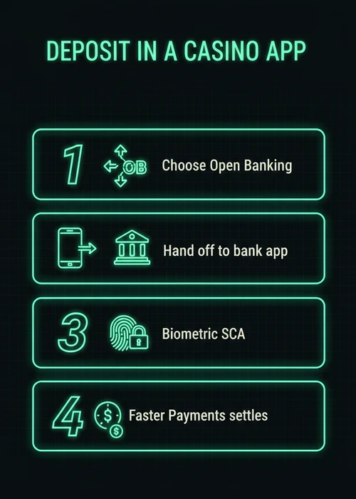 A smartphone screen displaying a casino app with bank transfer payment options visible.