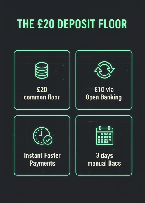 A stack of British pound coins with a bank transfer payment icon overlayed, signifying a £20 minimum deposit at a UK casino.